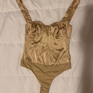 WeWoreWhat Ruched tank stretch charmeuse bodysuit taupe gold satin